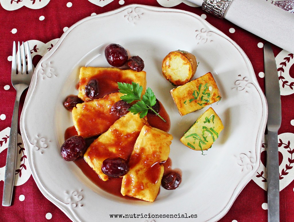 tofu con salsa de oporto,uvas y pasas