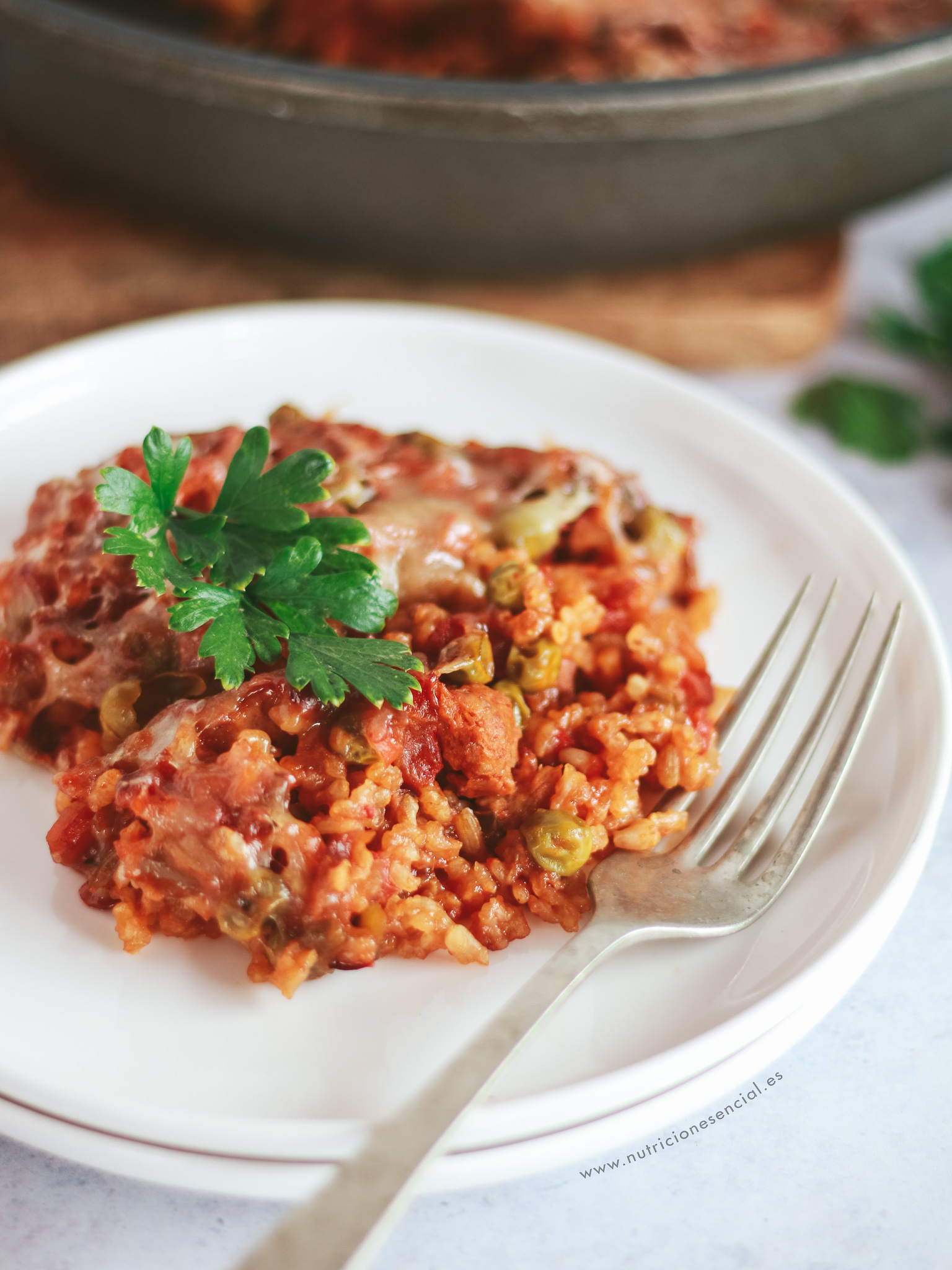 Arroz gratinado con queso vegano